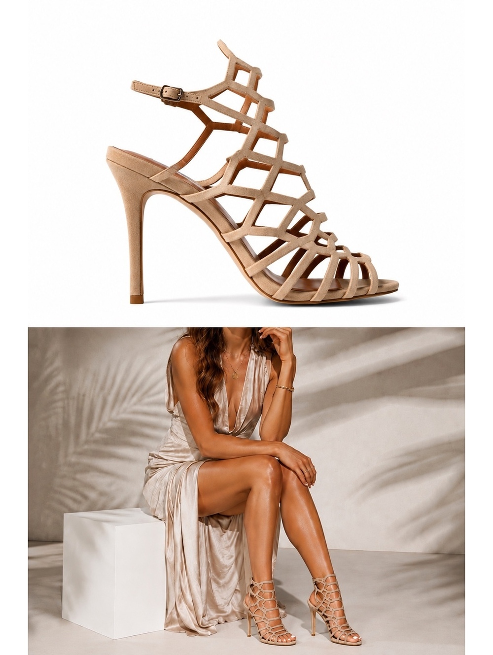 Steve Madden SLITHUR Leather Strappy Cage High Heel Sandals Nude Taupe Size 8